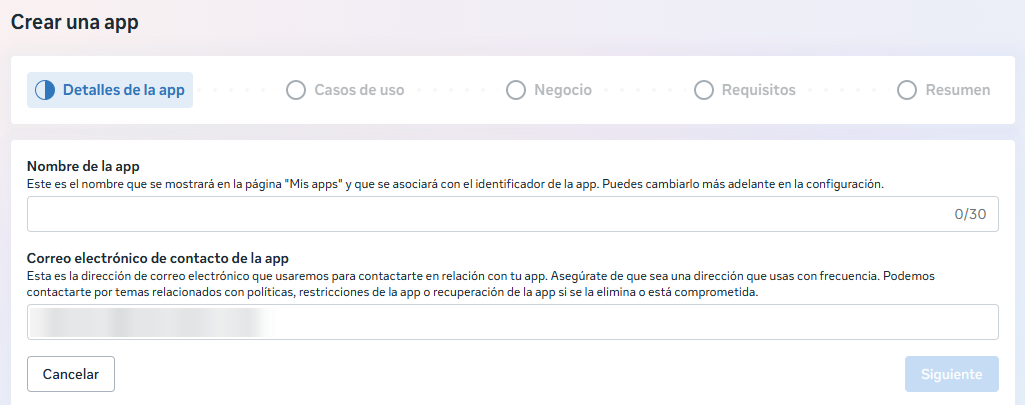Pantalla Crear una app en Meta for Developers