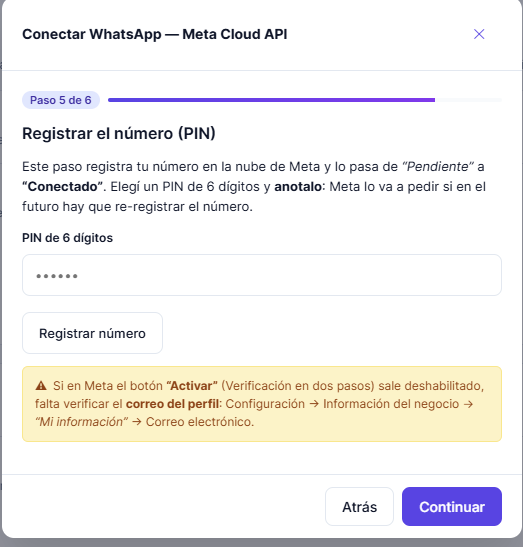 MedicIA, paso Registrar número, campo PIN de 6 dígitos